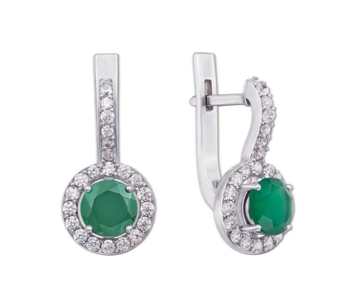 Срібні сережки з зеленим агатом і фіанітами (2055/9р-GAG)