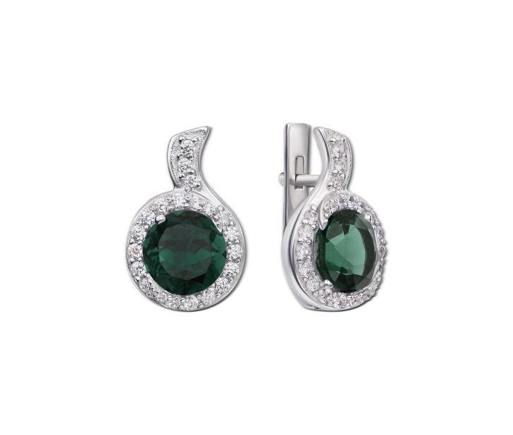 Срібні сережки з зеленим кварцом і фіанітами (2163/9р-QGR)
