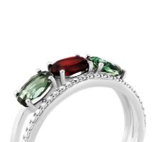 Серебряное кольцо с гранатом, зелёным кварцем и фианитами (1408/1р-GARNQG): купить