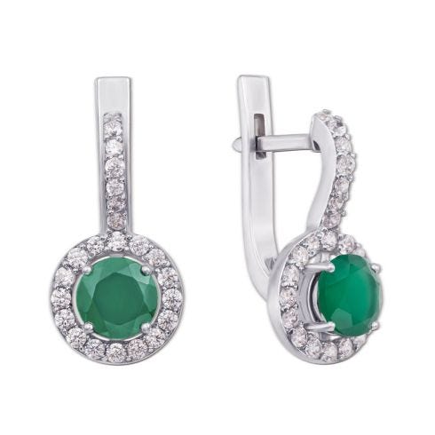 Срібні сережки з зеленим агатом і фіанітами (2055/9р-GAG)